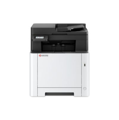 Stampante multifunzione Kyocera bianca e nera con alimentatore automatico, pannello di controllo e cassetto carta frontale