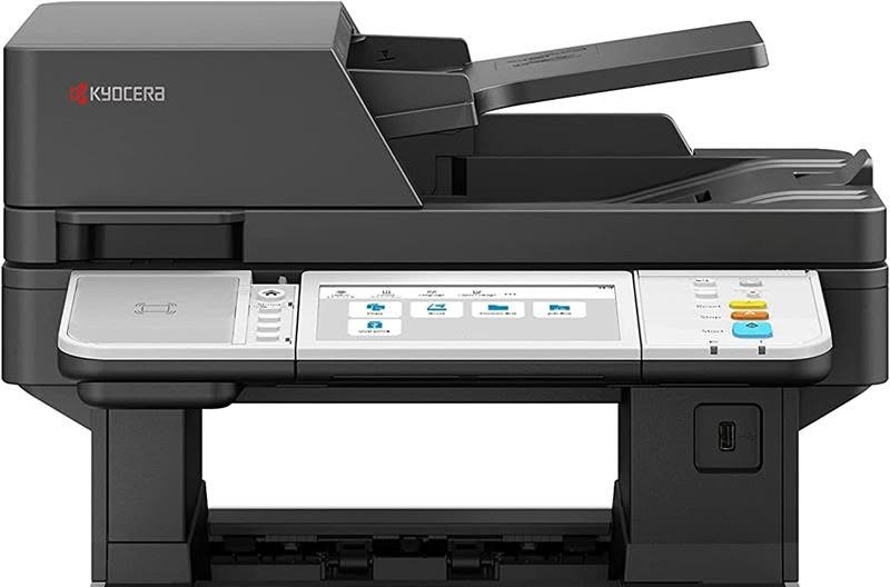 Stampante multifunzione Kyocera nera e grigia con alimentatore automatico, display touch a colori e tasti Start e Stop